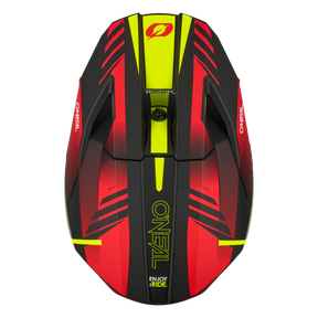 Die Draufsicht auf den O'NEAL 3SRS Helm HAZE zeigt sein farbenfrohes, aerodynamisches Design mit auffälligen roten, schwarzen und gelben Mustern und dem O'NEAL-Logo plus ENJOY RIDE".