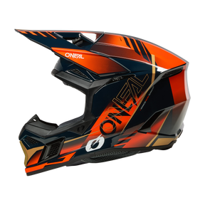 Der O'NEAL 3SRS Helmet HAZE ist ein Fullface-Motocross-Helm in Schwarz, Orange und Rot mit auffälligem "O'NEAL"-Branding, kantigen Designelementen und einem markanten Visier.