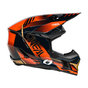 Der O'NEAL 3SRS Helmet HAZE ist ein Fullface-Motocross-Helm mit Visier, der ein auffälliges geometrisches Design in Schwarz, Orange und Rot sowie das O'NEAL-Logo an der Seite aufweist.