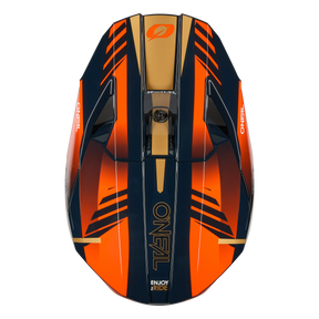 Draufsicht auf den O'NEAL 3SRS Helmet HAZE, einen schnittigen, modernen Helm in den Farben Schwarz, Orange und Gold mit auffälligen geometrischen Streifen und dem Schriftzug O'NEAL" auf der Vorderseite.