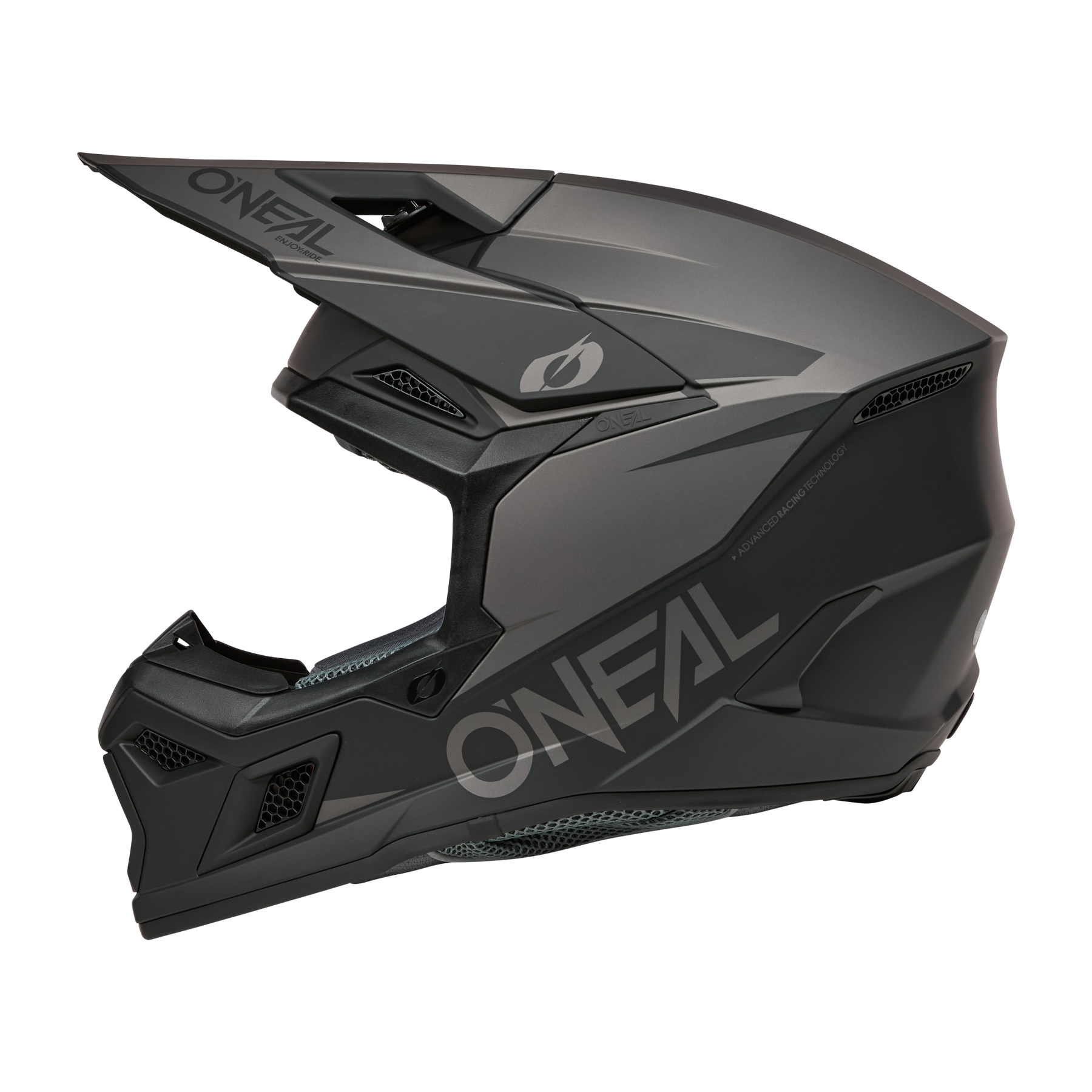 Schlichter, mattschwarzer Vollvisierhelm O'NEAL 3SRS Helm SOLID mit kantigem Design, Visier und Belüftungsöffnungen, hier im Seitenprofil - ideal für Motocross oder Mountainbiking.
