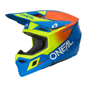 Il casco O'NEAL 3SRS per bambini Solid è un casco da moto per bambini con base blu, accenti giallo neon e arancione, visiera, ventilazione e logo O'NEAL sul lato.