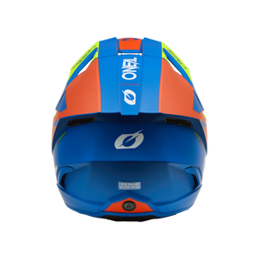 Vista posteriore del casco O'NEAL 3SRS per Bambini Solid, un casco per bambini colorato di O'NEAL con accenti blu, arancioni, gialli e verdi, logo "O'NEAL" sulla parte superiore e posteriore e fessure di ventilazione visibili.
