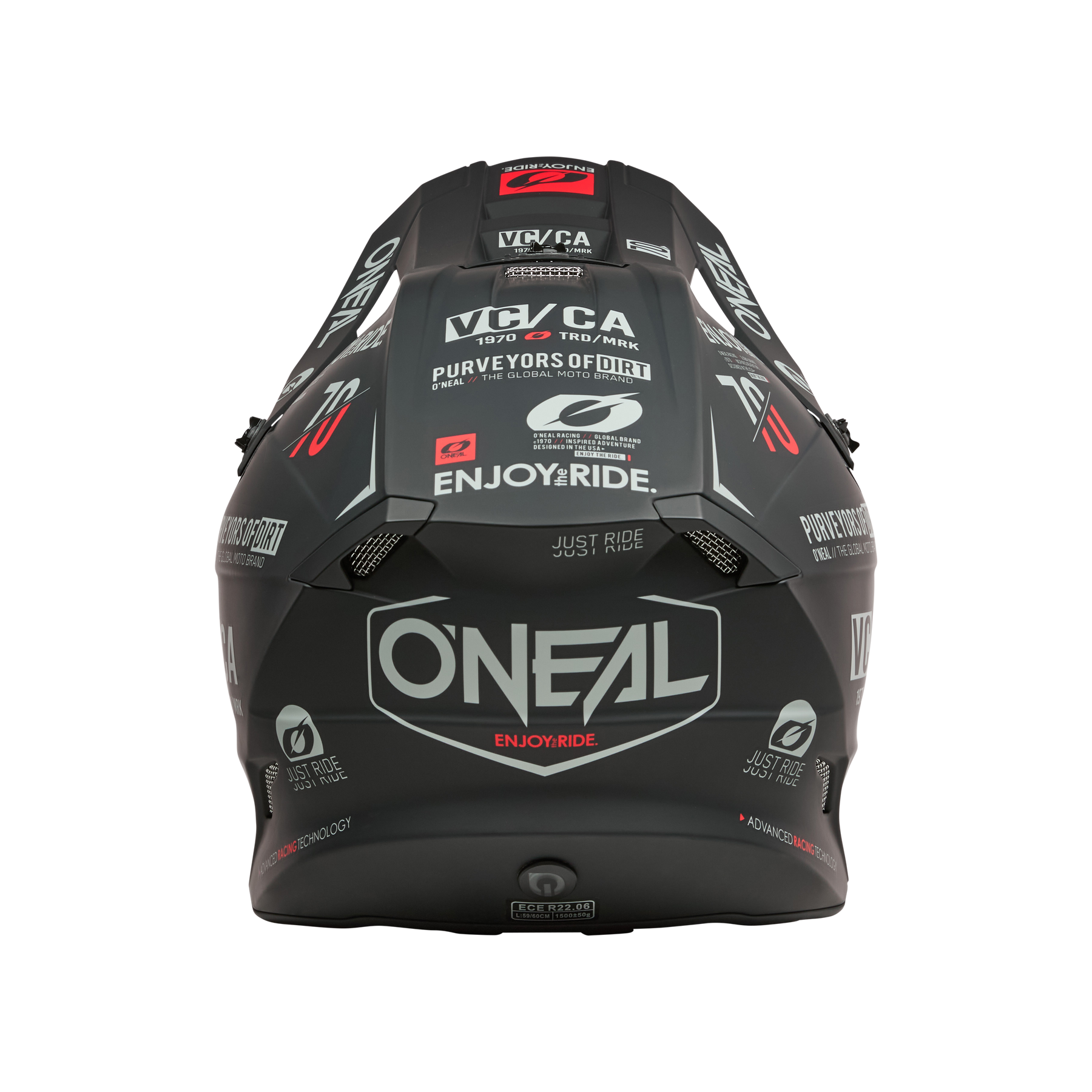 The O'NEAL 5SRS Polyacrylite Helmet BRAND features a matte black back and several white and red sponsor logos, including "ENJOY THE RIDE." and "PURVEYORS OF DIRT". The design is modern and edgy.