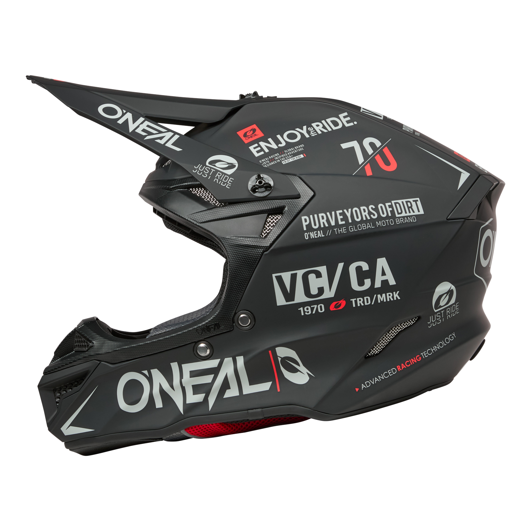 The O'NEAL 5SRS Polyacrylite Helmet BRAND is a matt black motocross helmet with visor, eye-catching white and red graphics, the O'NEAL logo, "Purveyors of Dirt" and various stickers on the sides and back.