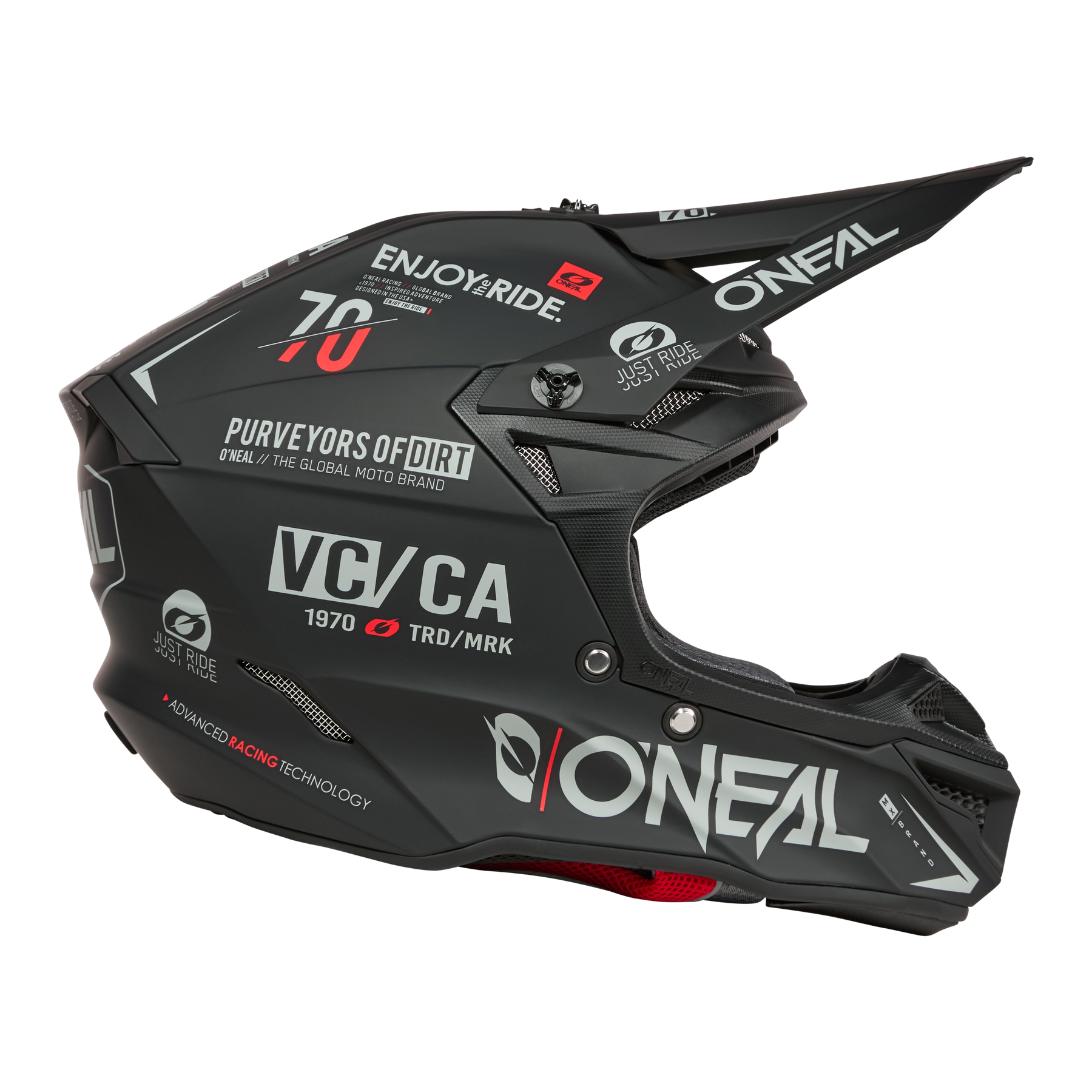 The O'NEAL 5SRS Polyacrylite helmet features a matte black full-face design with eye-catching white and red graphics, "O'NEAL" branding, logos, text such as "Purveyors of Dirt" and "VC/CA" as well as a visor and ventilation openings.