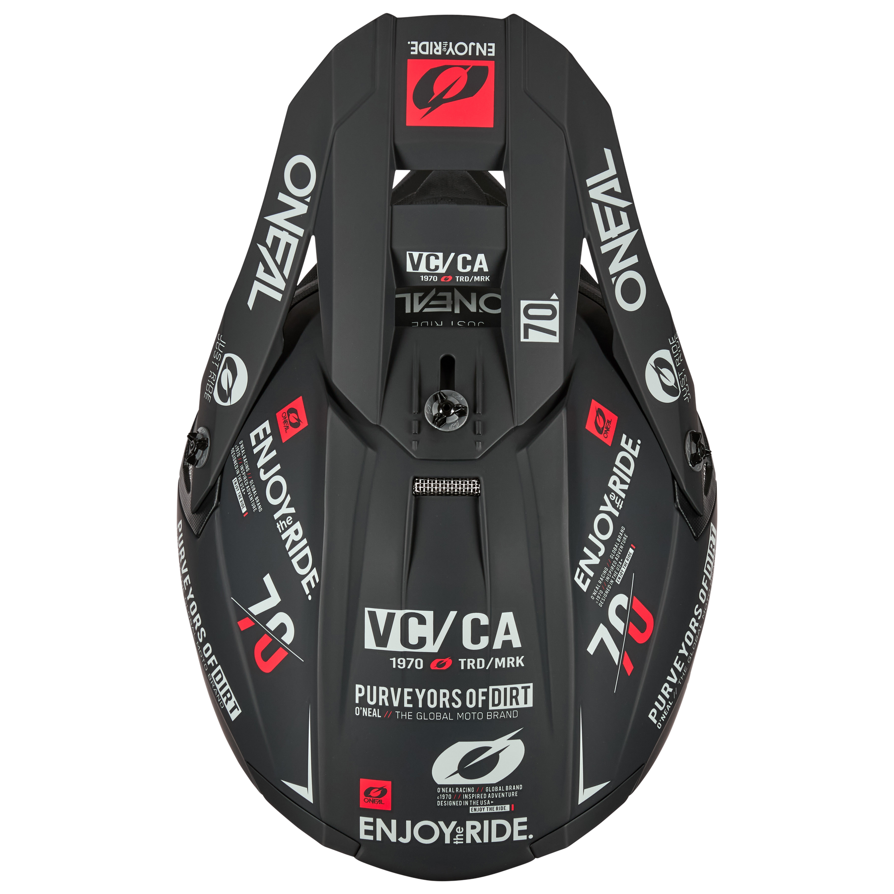 Top view of the O'NEAL 5SRS polyacrylite helmet in black with red, white and gray graphics and logos, including "O'NEAL", "ENJOY THE RIDE", "PUREVOYORS OF DIRT" and the number 70.