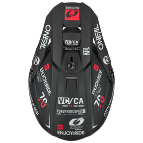 Top view of the O'NEAL 5SRS polyacrylite helmet in black with red, white and gray graphics and logos, including "O'NEAL", "ENJOY THE RIDE", "PUREVOYORS OF DIRT" and the number 70.