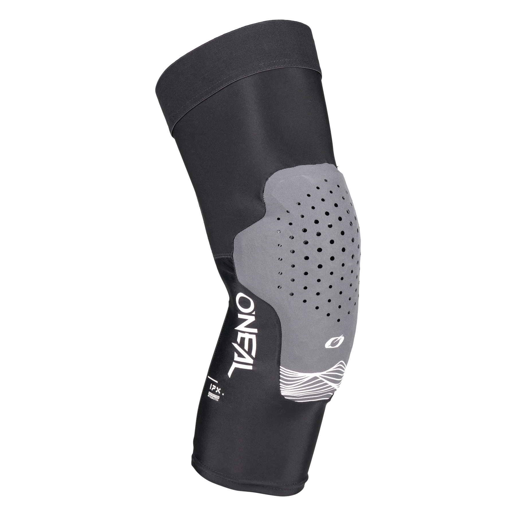 Der O'NEAL DIRT FLX 1.0 Knieschützer in Schwarz und Grau verfügt über die IPX-Pad Crash Cells Technologie mit einem perforierten Schutzpolster, ideal für den Sport oder das Biken, dargestellt auf einem schlichten weißen Hintergrund.