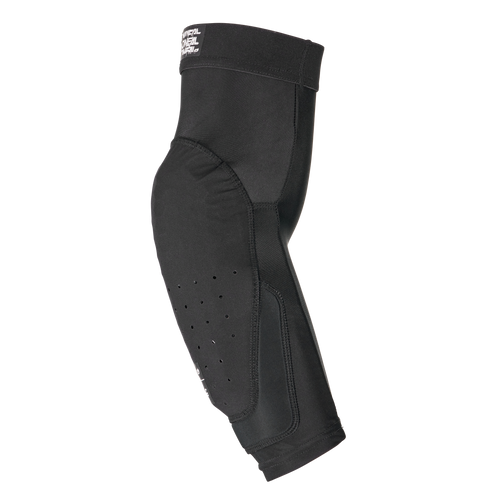 La gomitiera O'NEAL DIRT FLX 2.0 Bambini in nero, firmata O'NEAL, presenta un design ergonomico, un'imbottitura IPX e perforazioni di ventilazione per uso sportivo o protettivo; raffigurata su sfondo bianco.