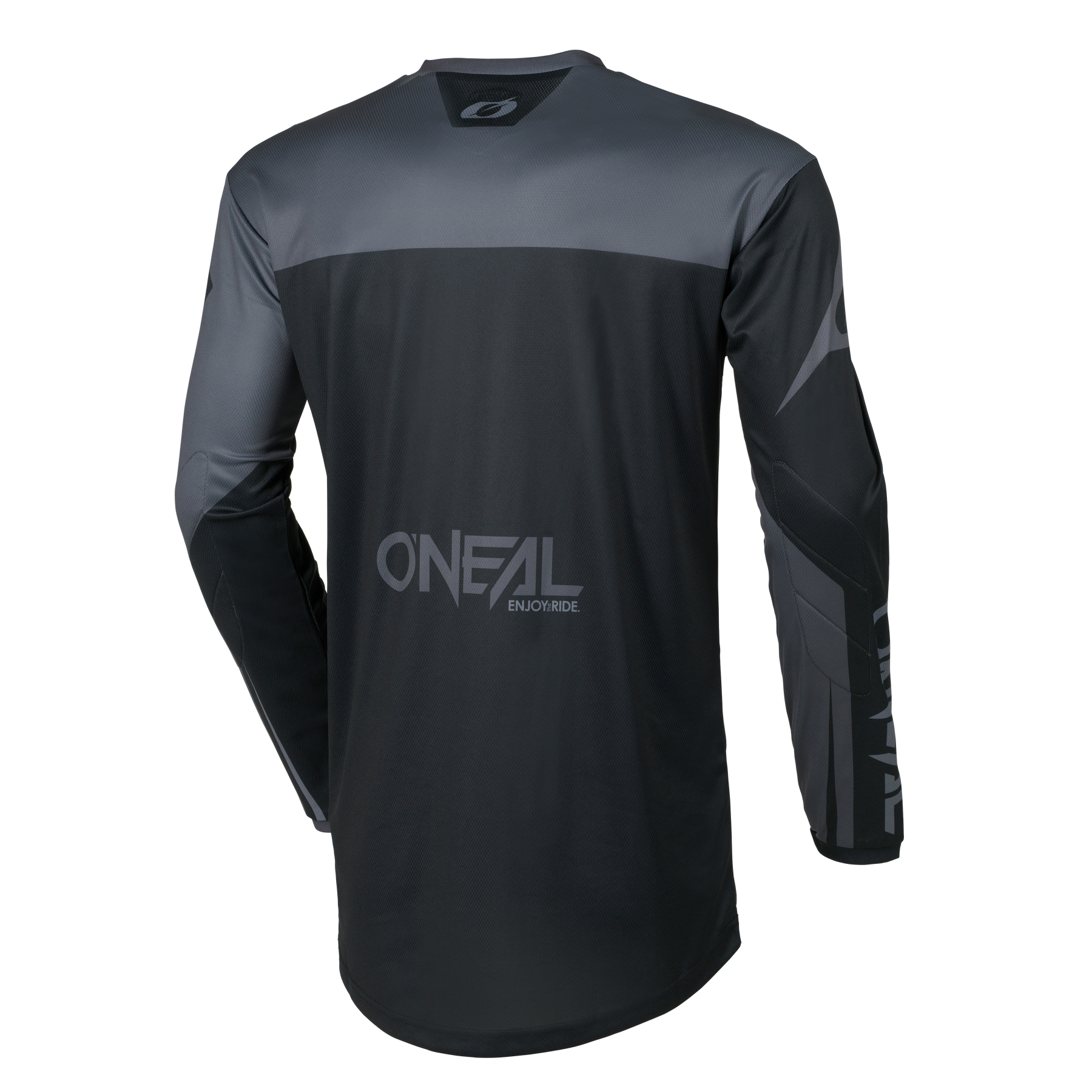 Eine Rückansicht des O'NEAL ELEMENT Jugendtrikots RACEWEAR in Schwarz und Grau mit geometrischen Ärmel- und oberen Rückenakzenten sowie dem O'NEAL-Logo.