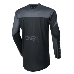 Vista trasera del maillot juvenil O'NEAL Element Racewear en negro y gris con detalles geométricos en las mangas y la parte superior de la espalda y el logotipo O'NEAL.