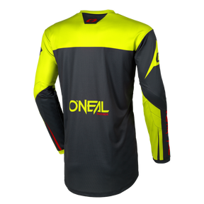 Das O'NEAL ELEMENT Jersey RACEWEAR ist ein schwarzes und neongelbes Langarm-Motocross-Trikot mit roten Akzenten. Es ist mit dem O'NEAL-Logo und auffälligen Designdetails wie gelben Schultern und Ärmeln ausgestattet.