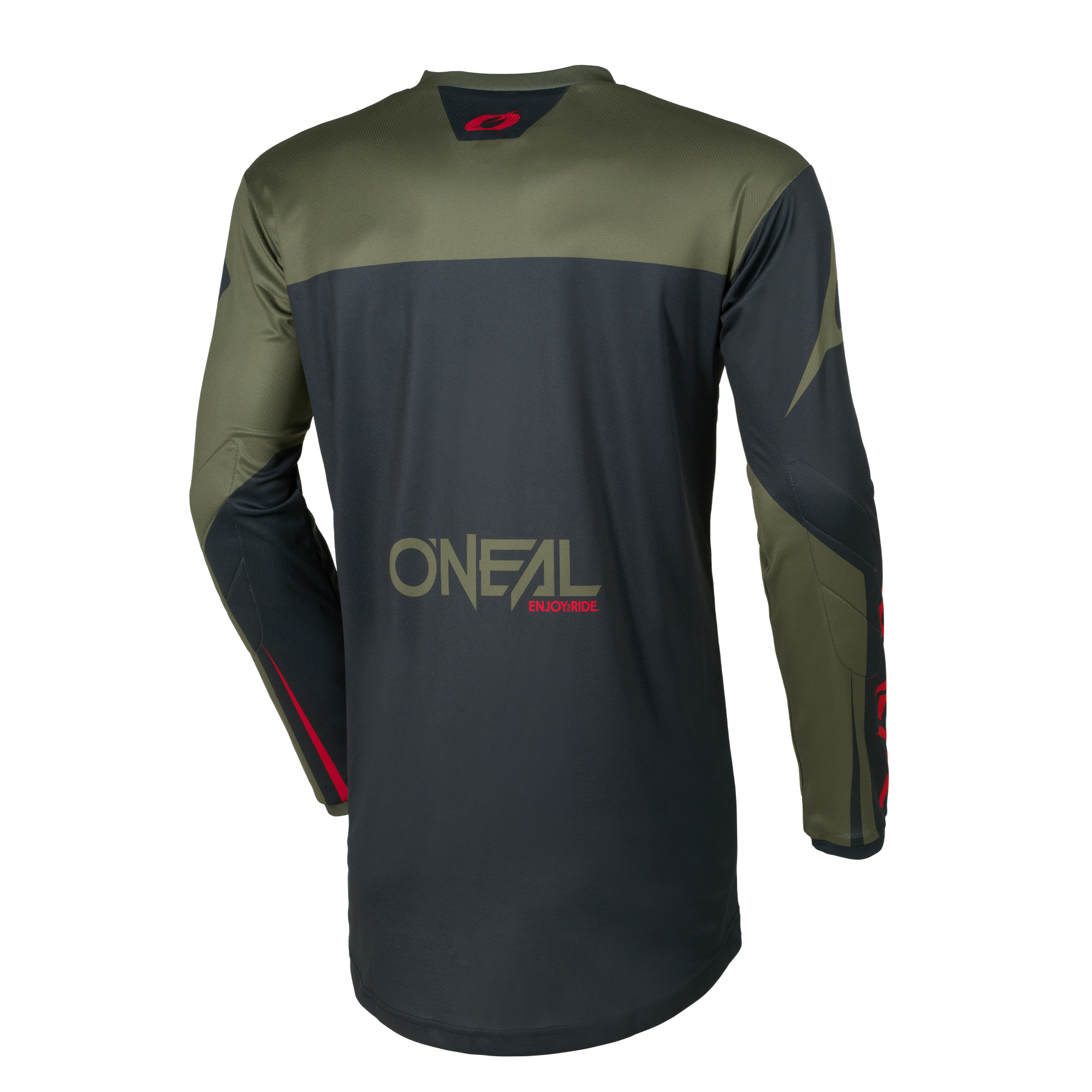 Rückenansicht des O'NEAL ELEMENT Jersey RACEWEAR, ein langärmeliges Motocross-Trikot in Dunkelgrün und Schwarz mit roten Akzenten, mit O'NEAL-Logos auf dem unteren Rücken und im oberen Nacken.