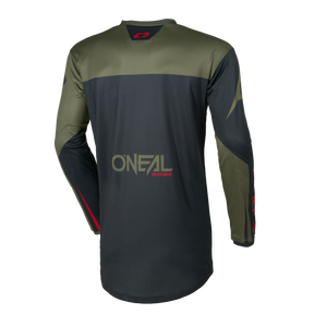 Rückenansicht des O'NEAL ELEMENT Jersey RACEWEAR, ein langärmeliges Motocross-Trikot in Dunkelgrün und Schwarz mit roten Akzenten, mit O'NEAL-Logos auf dem unteren Rücken und im oberen Nacken.