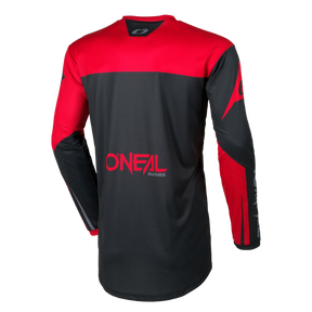 Das O'NEAL ELEMENT Jersey RACEWEAR ist ein langärmeliges Motocross-Trikot mit rotem Oberteil und schwarzem Unterteil, mit weißem "O'NEAL ENDURO/DE"-Logo auf dem Rücken und einem modernen, sportlichen Design.