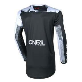 The O'NEAL ELEMENT Jersey ROLLER is a black and white, long-sleeved motocross jersey with an eye-catching "O'NEAL" logo on the back and white "ENDURO RIDE" lettering on the lower back.