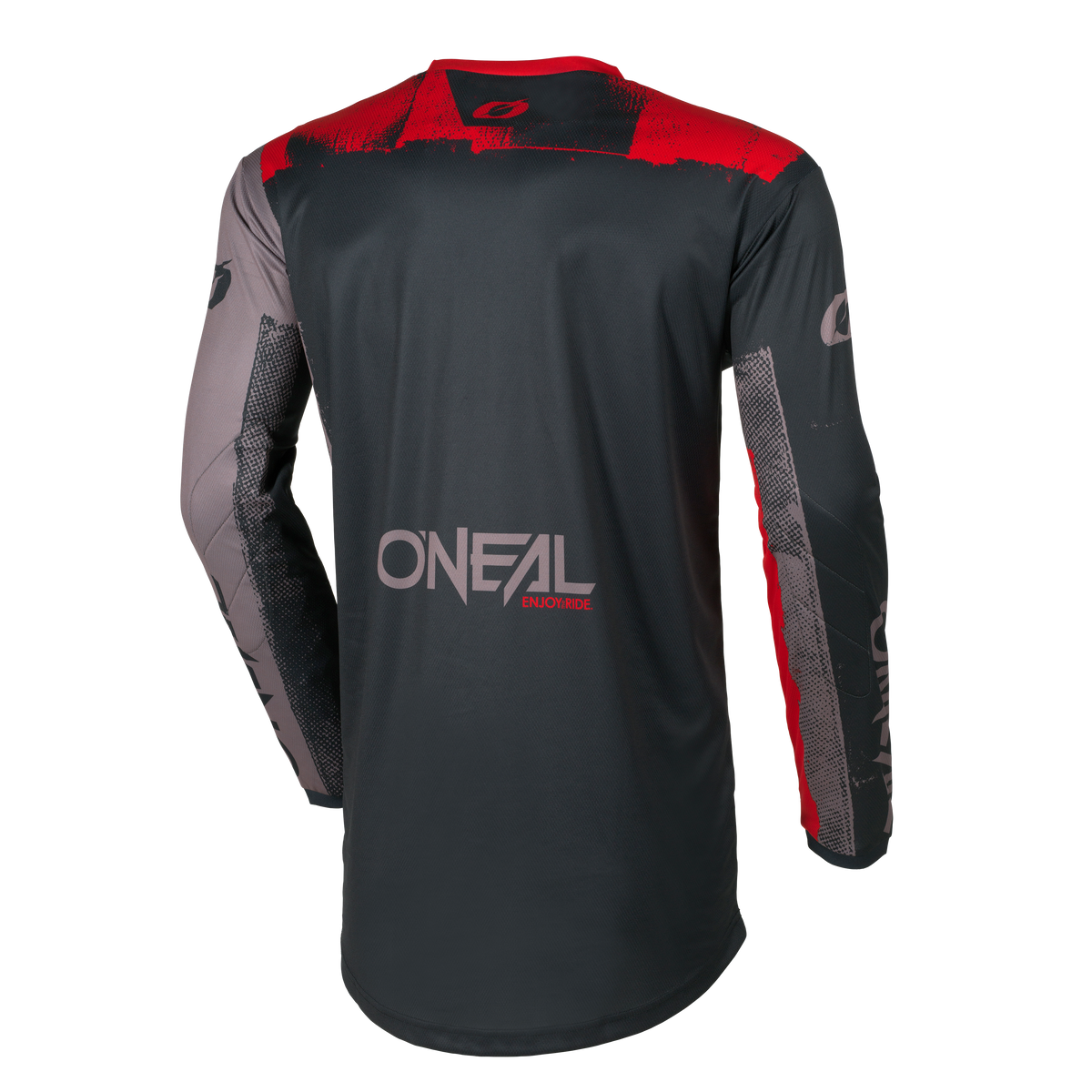 Back view of the O'NEAL ELEMENT jersey ROLLER, a long-sleeved, black motocross jersey with red and gray accents, O'NEAL branding, "INFORCE" lettering on the lower back and branded sleeve motifs.