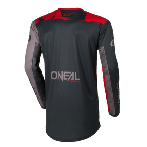 Back view of the O'NEAL ELEMENT jersey ROLLER, a long-sleeved, black motocross jersey with red and gray accents, O'NEAL branding, "INFORCE" lettering on the lower back and branded sleeve motifs.