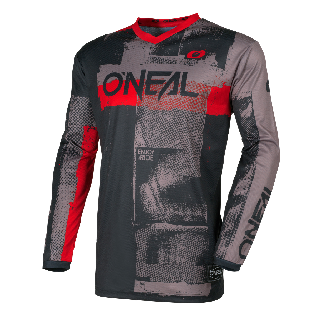 The O'NEAL ELEMENT Jersey ROLLER is a long-sleeved motocross jersey in gray/red with an eye-catching "O'NEAL" logo on the chest and sleeve and a small logo on the left shoulder.