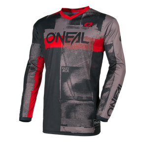 The O'NEAL ELEMENT Jersey ROLLER is a long-sleeved motocross jersey in gray/red with an eye-catching "O'NEAL" logo on the chest and sleeve and a small logo on the left shoulder.