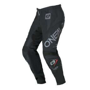O'NEAL ELEMENT Pants BRAND en noir/gris avec logo gris et blanc, genoux renforcés et inserts d'aération en maille, illustrés sur un fond uni.