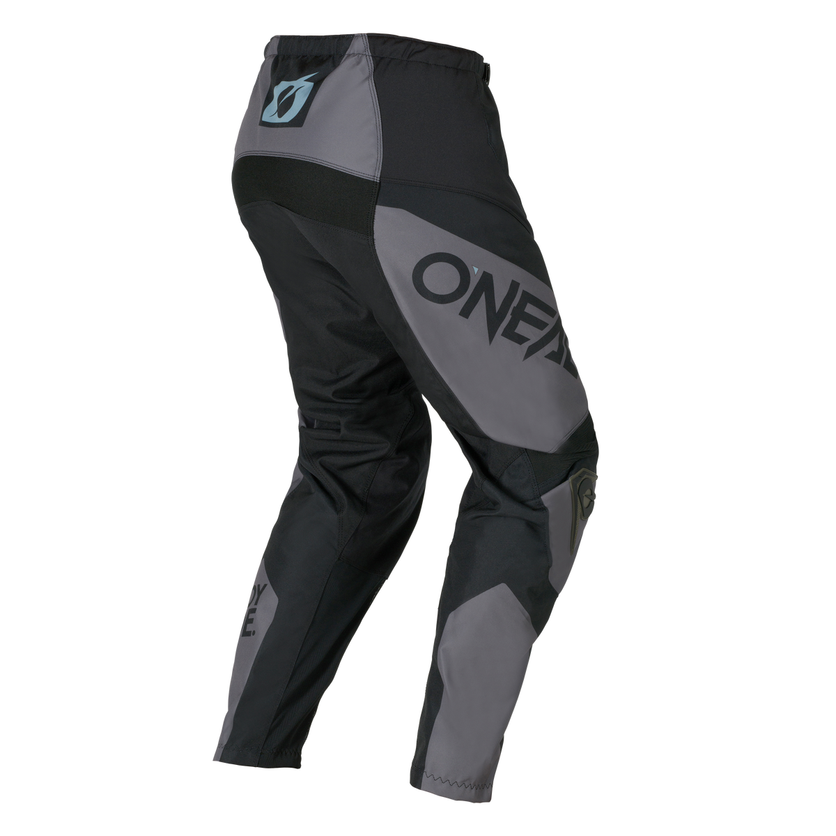 Die O'NEAL ELEMENT Pants RACEWEAR ist eine grau-schwarze Motocross-Hose mit O'NEAL-Branding an der Seite, elastischem Bund und verstärkten Kniepartien auf einfarbigem Hintergrund.