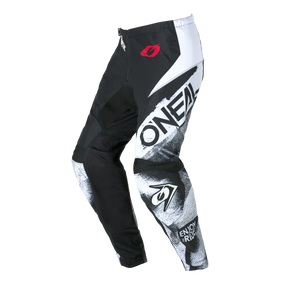 Los pantalones O'NEAL Element ROLLER en negro/blanco tienen llamativas letras "O'NEAL", un estampado gráfico, un logotipo rojo en la cintura y las letras "ENJOY RIDE" en la parte inferior de la pierna, que se representan sobre un fondo blanco.