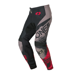 Los pantalones O'NEAL Element ROLLER en gris/rojo tienen un llamativo gráfico con el logotipo de O'NEAL y "ENJOY RIDE" en la parte inferior de la pierna.