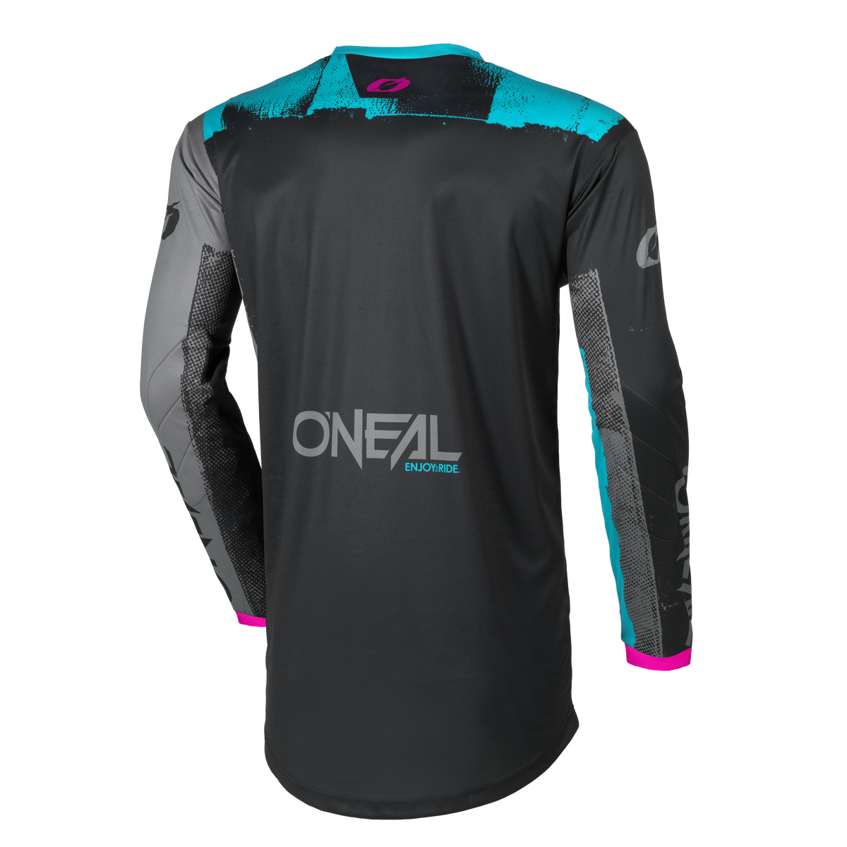 El maillot de mujer O'NEAL Element ROLLER es un maillot negro de manga larga con detalles turquesa y rosa, visto por detrás, con dibujos gráficos en las mangas y los hombros.