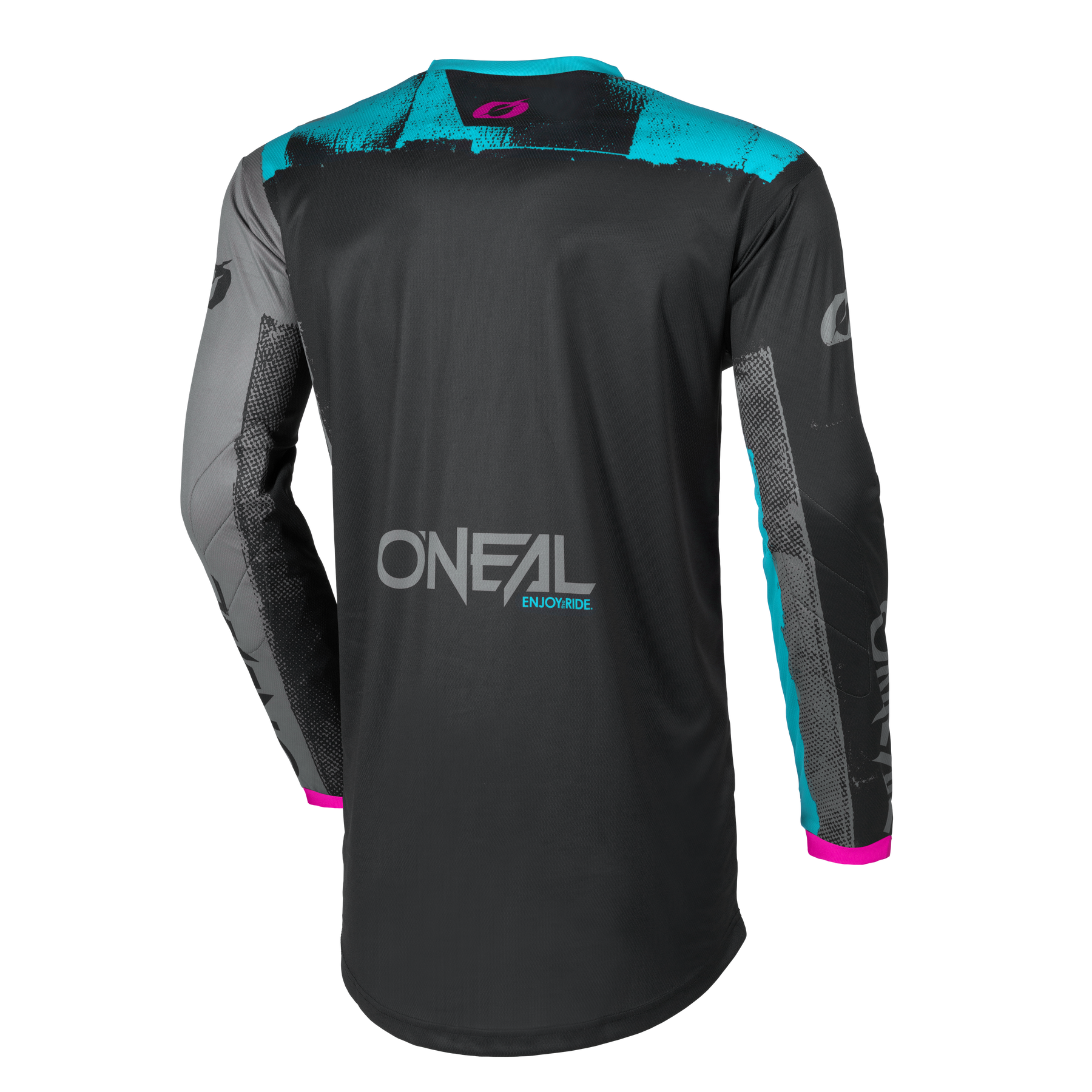 Das O'NEAL ELEMENT Damen-Trikot ROLLER ist ein schwarzes, langärmeliges Trikot mit türkisfarbenen und rosafarbenen Akzenten, von hinten gesehen, mit grafischen Mustern an den Ärmeln und Schultern.