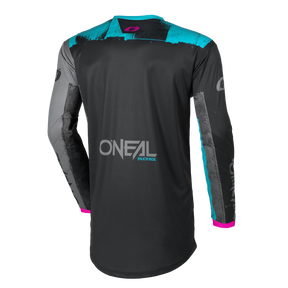 El maillot de mujer O'NEAL Element ROLLER es un maillot negro de manga larga con detalles turquesa y rosa, visto por detrás, con dibujos gráficos en las mangas y los hombros.