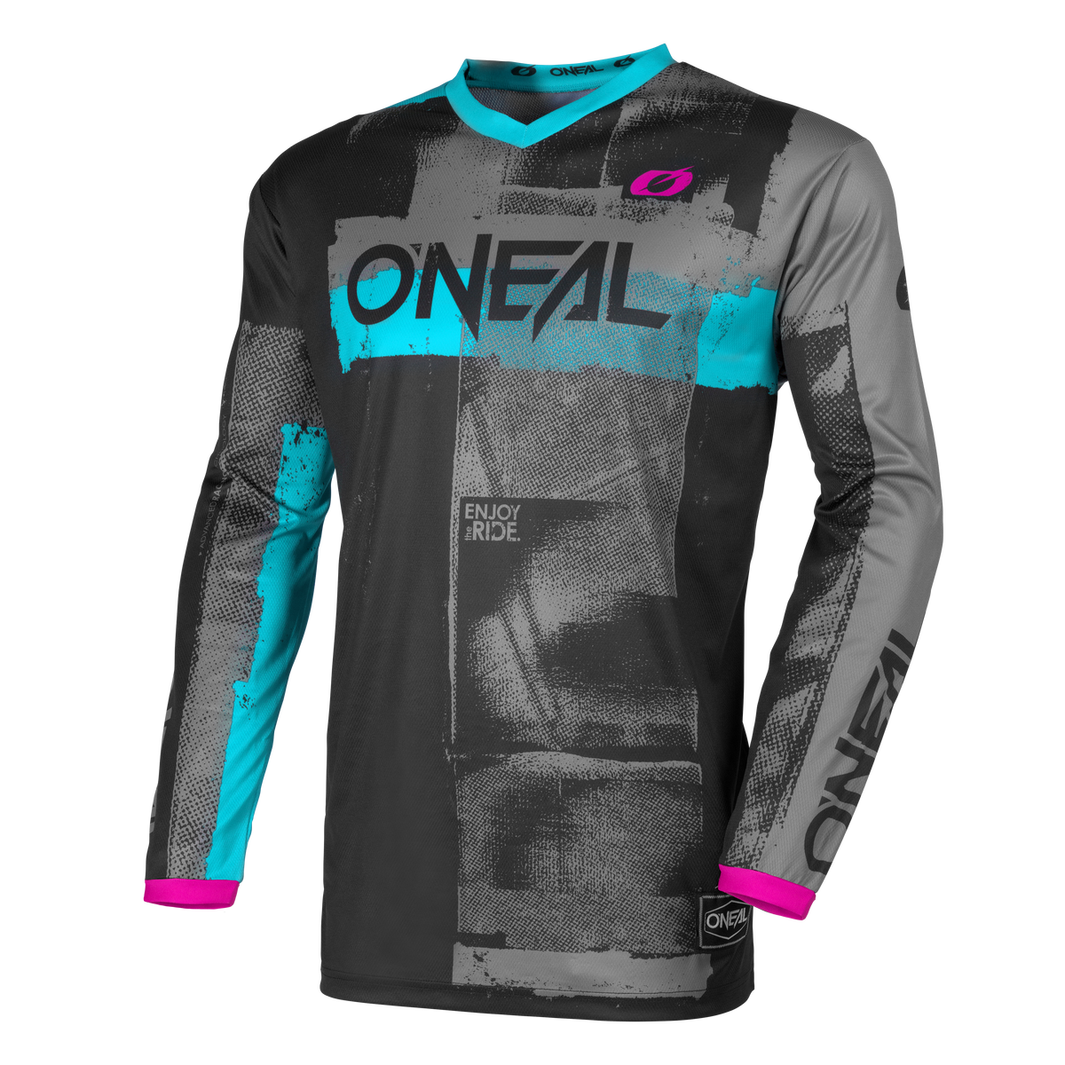 El maillot ROLLER O'NEAL Element para mujer es un maillot de motocross de manga larga con un bloque de color negro, gris y turquesa, detalles en rosa, llamativas letras "O'NEAL" en el pecho y las mangas, así como logotipos adicionales y un patrón gráfico estructurado.
