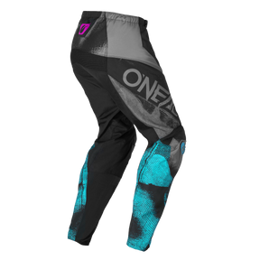 Black, gray and blue-green O'NEAL ELEMENT women's pants ROLLER with geometric patterns, "O'NEAL" in bold print on the side and a small pink logo near the waistband on a white background.