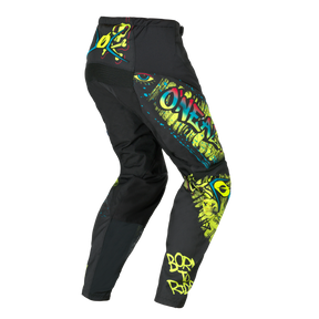 O'NEAL ELEMENT Youth Pants RANCID: Black and neon motocross pants with bright graffiti graphics, "ONEAL" and "BORN TO RIDE" lettering and stylized eye and face motifs on the legs and hips.