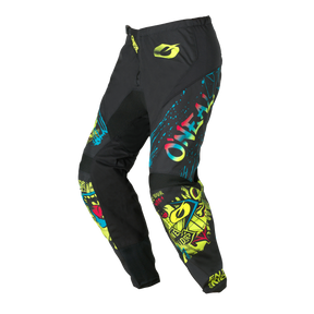 The O'NEAL ELEMENT Youth Pants RancID are black with neon yellow graphic motifs, bold lettering and the O'NEAL brand name on the left leg on a white background.