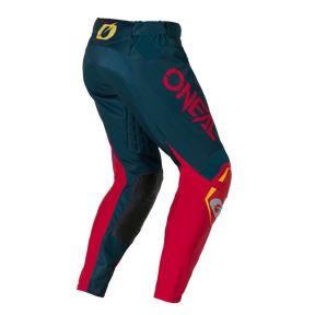 Los pantalones O'NEAL Hardwear SWIPE son unos pantalones de motocross en azul oscuro y rojo con detalles en amarillo, el logotipo O'NEAL en el lateral y acolchado en los muslos.