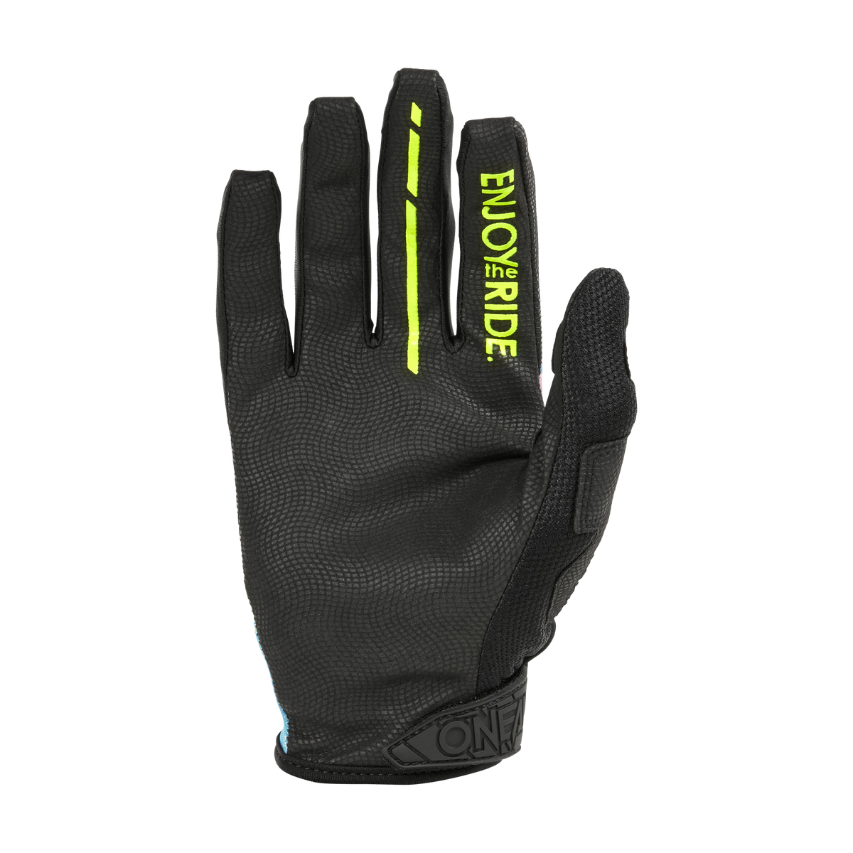 El guante O'NEAL Mayhem RESEDA de O'NEAL es un guante de ciclismo negro de dedos completos con tejido texturizado, "ENJOY THE RIDE" en blanco y amarillo en el dedo índice y un cierre de velcro en la muñeca.