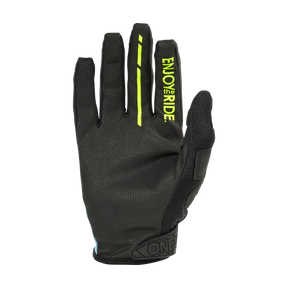 Le gant O'NEAL MAYHEM Glove RESEDA est un gant de vélo noir à doigts complets avec un tissu structuré, "ENJOY THE RIDE" en blanc et jaune sur l'index et une fermeture velcro au poignet.