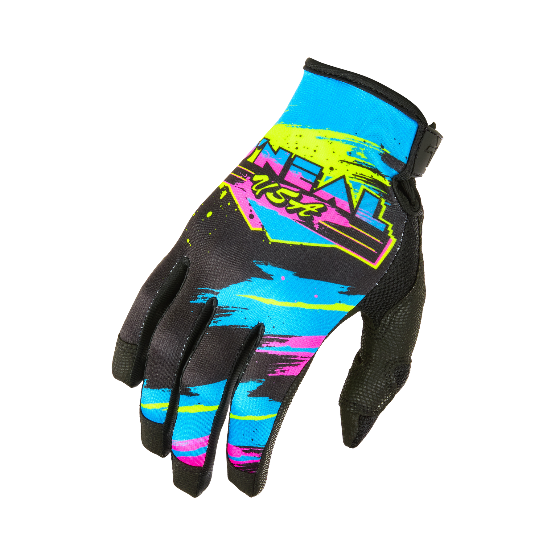 Der O'NEAL MAYHEM Glove RESEDA von O'NEAL zeigt sich in schwarz/neongelb mit auffälligen grafischen Akzenten und dem Schriftzug "O'NEAL USA" auf dem Handrücken, die Finger sind leicht gebogen.