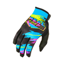 Der O'NEAL MAYHEM Glove RESEDA von O'NEAL zeigt sich in schwarz/neongelb mit auffälligen grafischen Akzenten und dem Schriftzug "O'NEAL USA" auf dem Handrücken, die Finger sind leicht gebogen.
