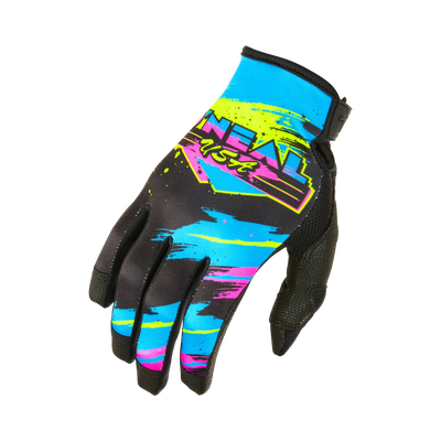 Le gant O'NEAL MAYHEM RESEDA de O'NEAL se présente en noir/jaune fluo avec des accents graphiques voyants et l'inscription "O'NEAL USA" sur le dos de la main, les doigts sont légèrement courbés.