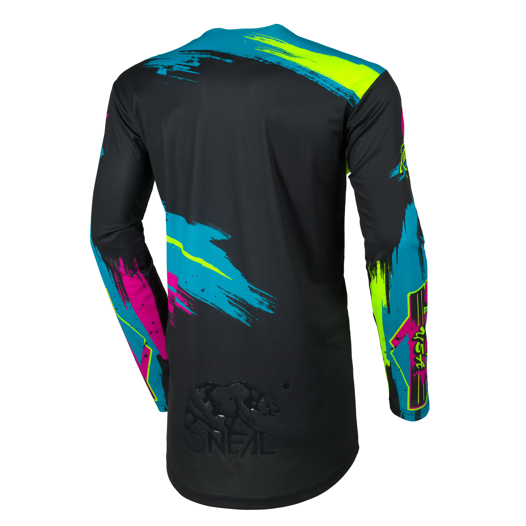 Das O'NEAL MAYHEM Jersey RESEDA ist ein schwarzes Langarmtrikot mit neonblauen, pinken und gelben abstrakten Pinselstrichen sowie dem O'NEAL-Logo und einer Bärengrafik, die im unteren Rückenbereich eingeprägt ist.
