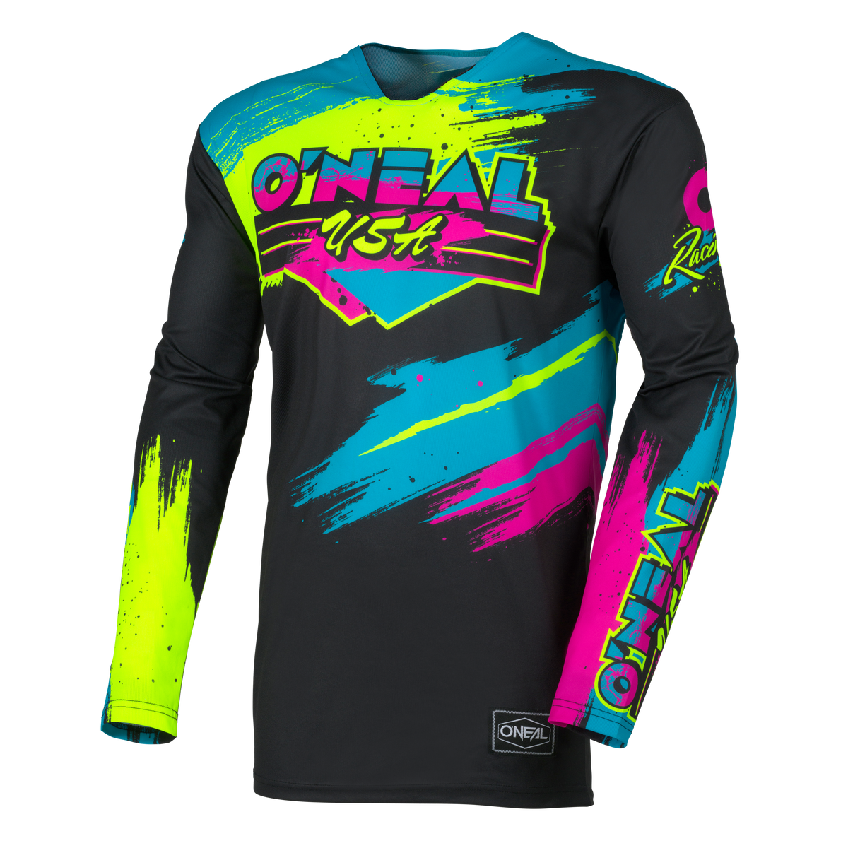 El maillot O'NEAL Mayhem RESEDA es un maillot de motocross de manga larga con gráficos de graffiti amarillo neón, rosa y azul sobre negro, "O'NEAL USA" en el pecho y logotipos O'NEAL en las mangas y el dobladillo.