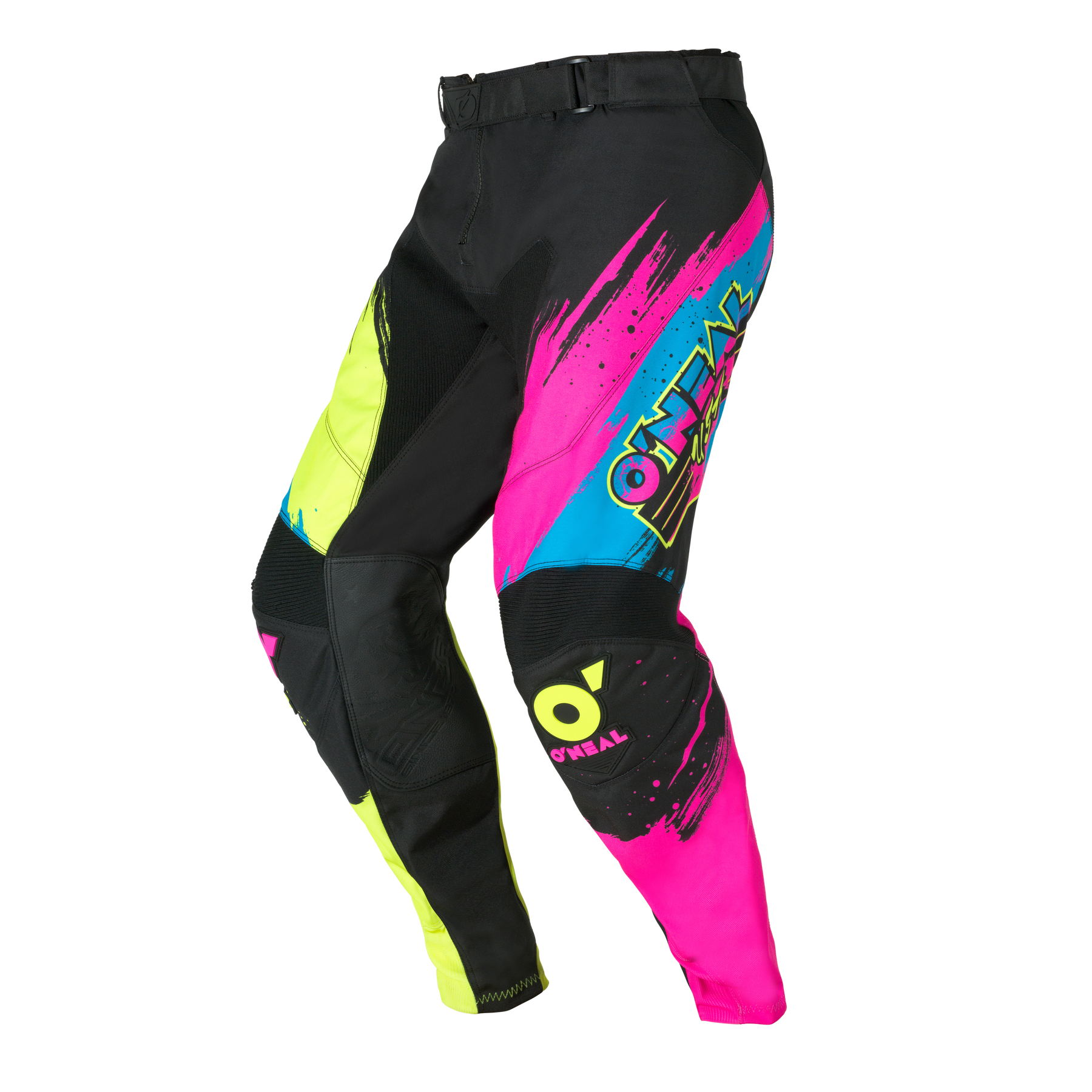 Die O'NEAL MAYHEM Pants RESEDA von O'NEAL zeichnet sich durch ein gewagtes Design mit schwarzen, neongelben, knallpinken und blauen Akzenten, auffälligen grafischen Mustern und dem O'NEAL-Logo aus.