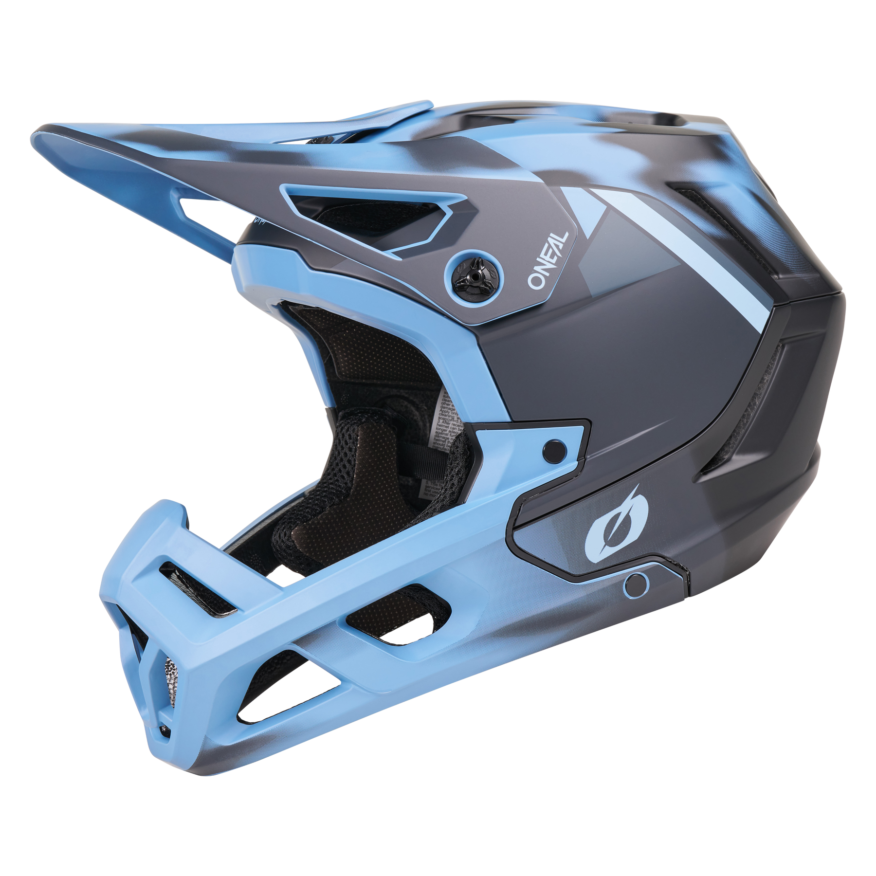 Der O'NEAL SL1 Helm GLACIOR ist ein blau-schwarzer Fullface-Mountainbike-Helm mit Visier, seitlichen Belüftungsöffnungen, gepolsterter Innenausstattung und O'NEAL-Logo - ideal für optimalen Schutz auf jedem Trail.