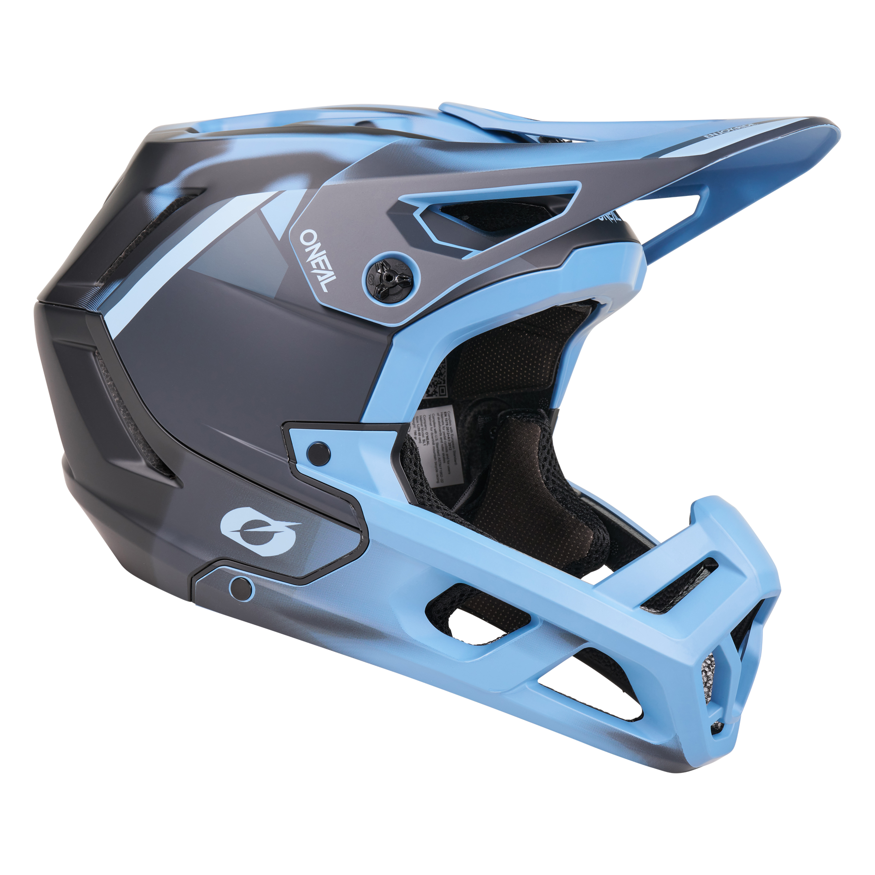 Der O'NEAL SL1 Helm GLACIOR, ein blau-schwarzer Fullface-Mountainbike-Helm mit Visier, Kinnschutz und Belüftungsöffnungen, ist in der Seitenansicht zu sehen. Das O'NEAL-Logo unterstreicht die optimale Ausstattung und den Schutz für anspruchsvolle Trails.