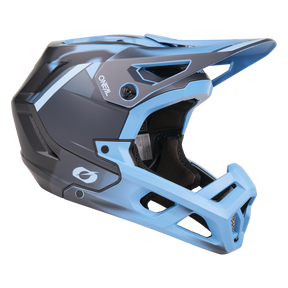 Vista laterale del casco O'NEAL SL1 GLACIOR, un casco integrale da mountain bike blu e nero con visiera, mentoniera e aperture di ventilazione. Il logo O'NEAL sottolinea le caratteristiche ottimali e la protezione per i percorsi più impegnativi.