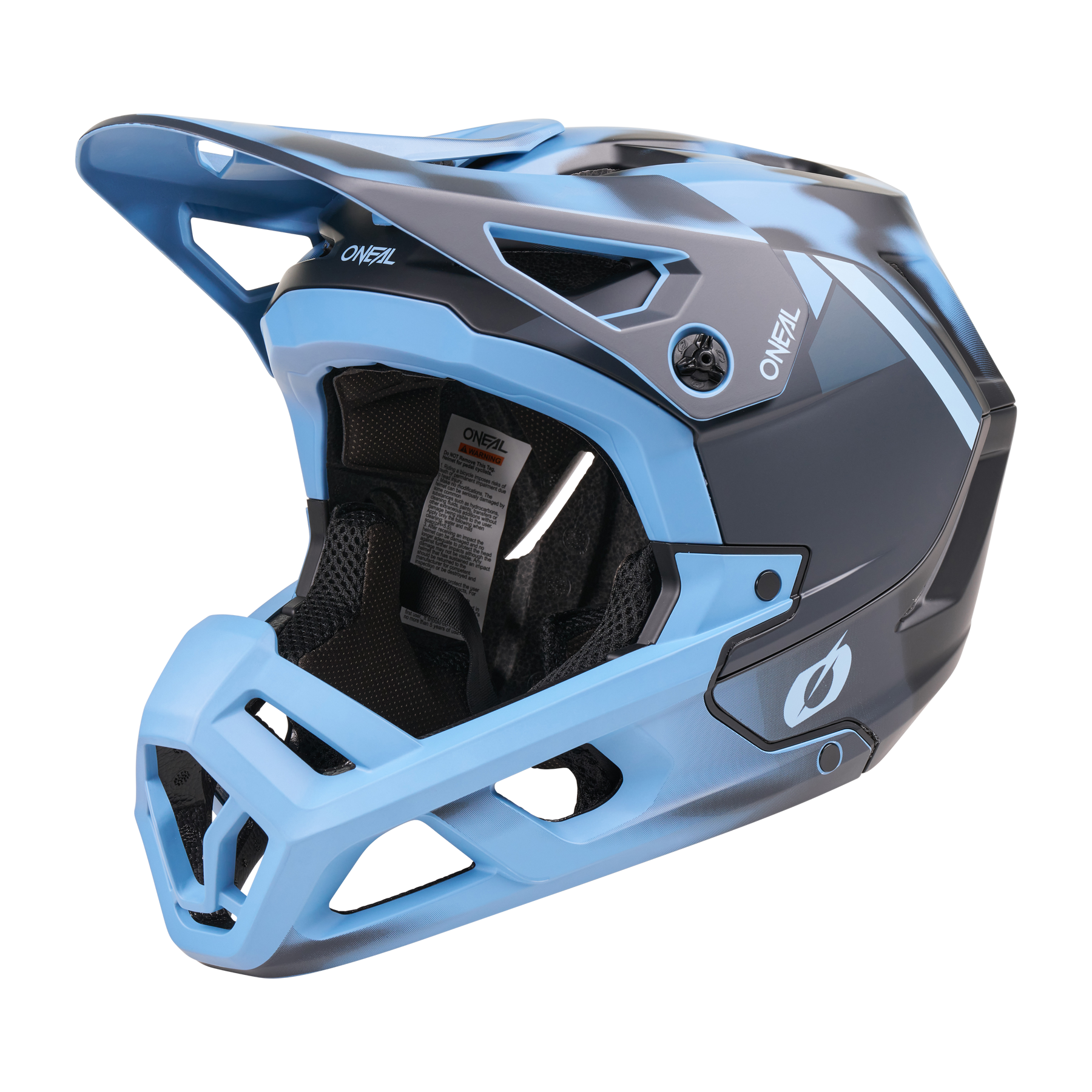 Der O'NEAL SL1 Helm GLACIOR in Blau verfügt über ein großes Visier, einen mit Mesh gefütterten Kinnschutz und Belüftungsöffnungen für optimalen Schutz, was ihn zu einem idealen Mountainbike-Helm von O'NEAL macht, abgebildet auf einem schlichten weißen Hintergrund.