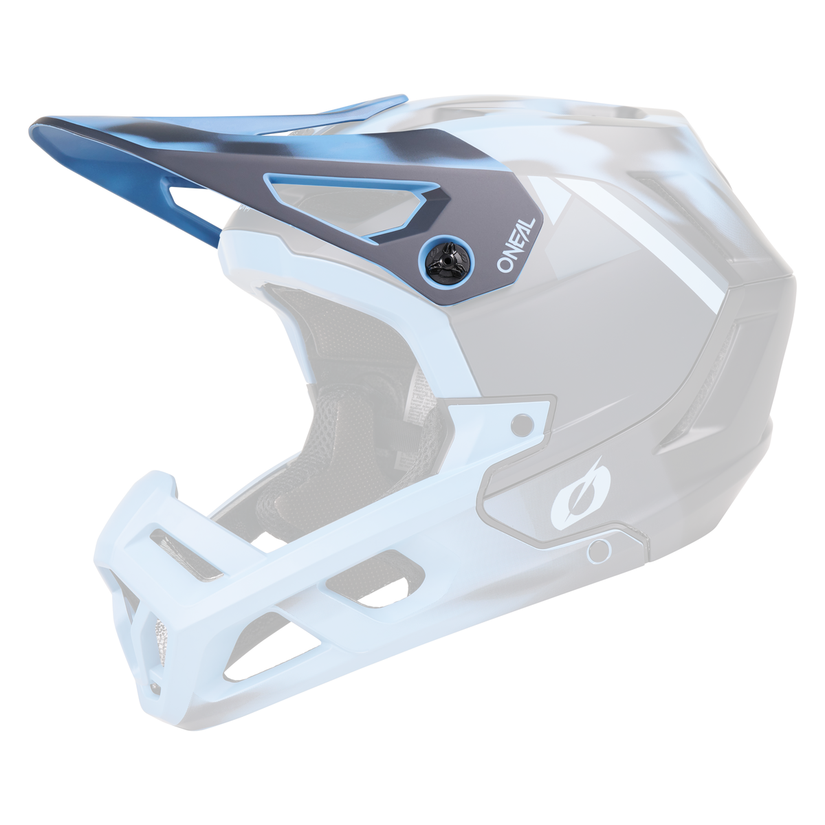A blue and white O'NEAL Spare Visor SL1 full face mountain bike helmet with visor and chin guard, with the O'NEAL logo on the side, on a plain white background.